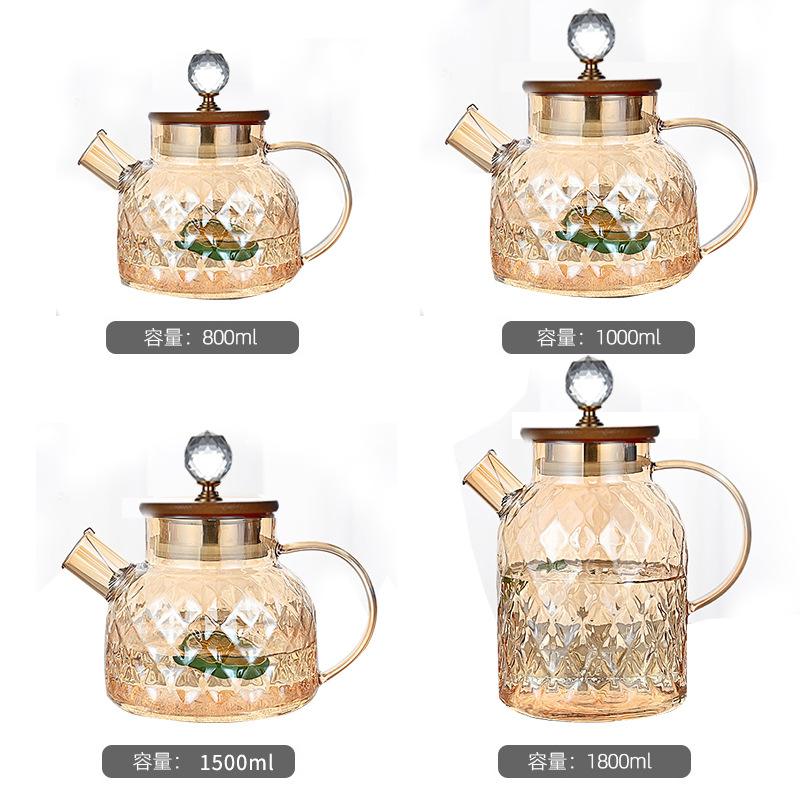 Thickened glass filter tea pot, household cooling water bottle, steel bamboo lid flower tea pot, high-temperature resistant tea infuser, boiling water bottle Item Picture