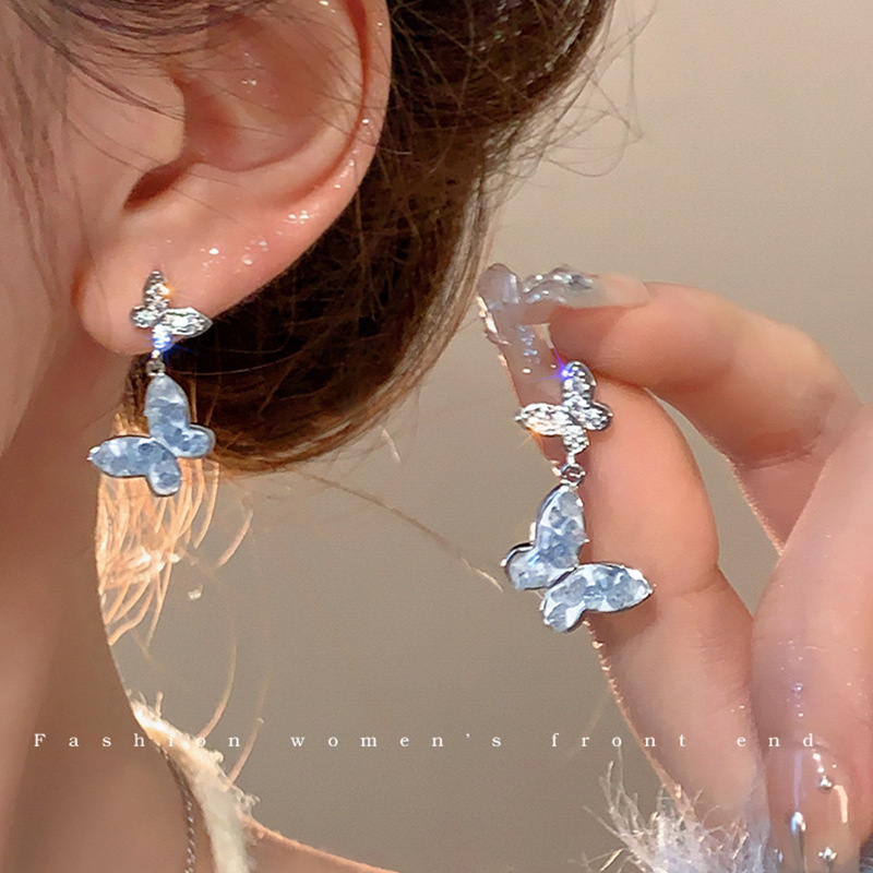 S925 Silver Needle blue crystal butterfly Stud earrings, a trendy and fresh design for women with tassel earrings, is a best-selling accessory full figure