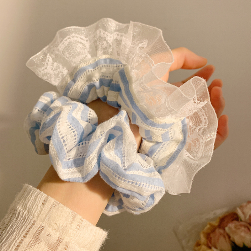 Lace, striped large intestine circle, chic blue hair tie, bun hair tie, hair band, ponytail, leather band hair accessory Specification drawing