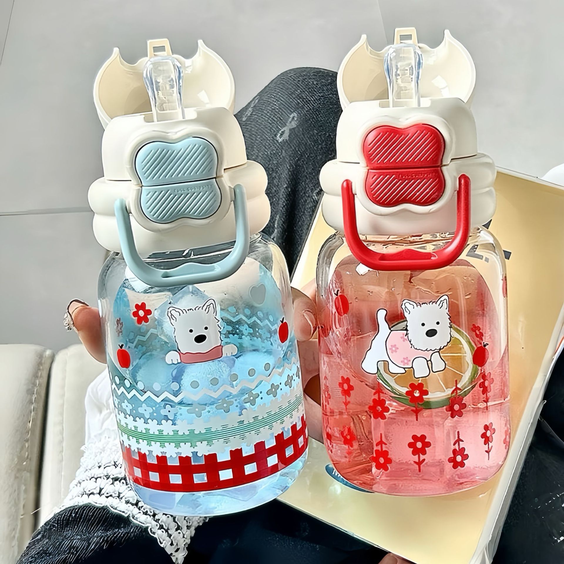 Little Dog West Highland Glass Cup, high appearance level, student double-drinking straw cup, portable, heat-resistant, cute girls' water cup details Picture