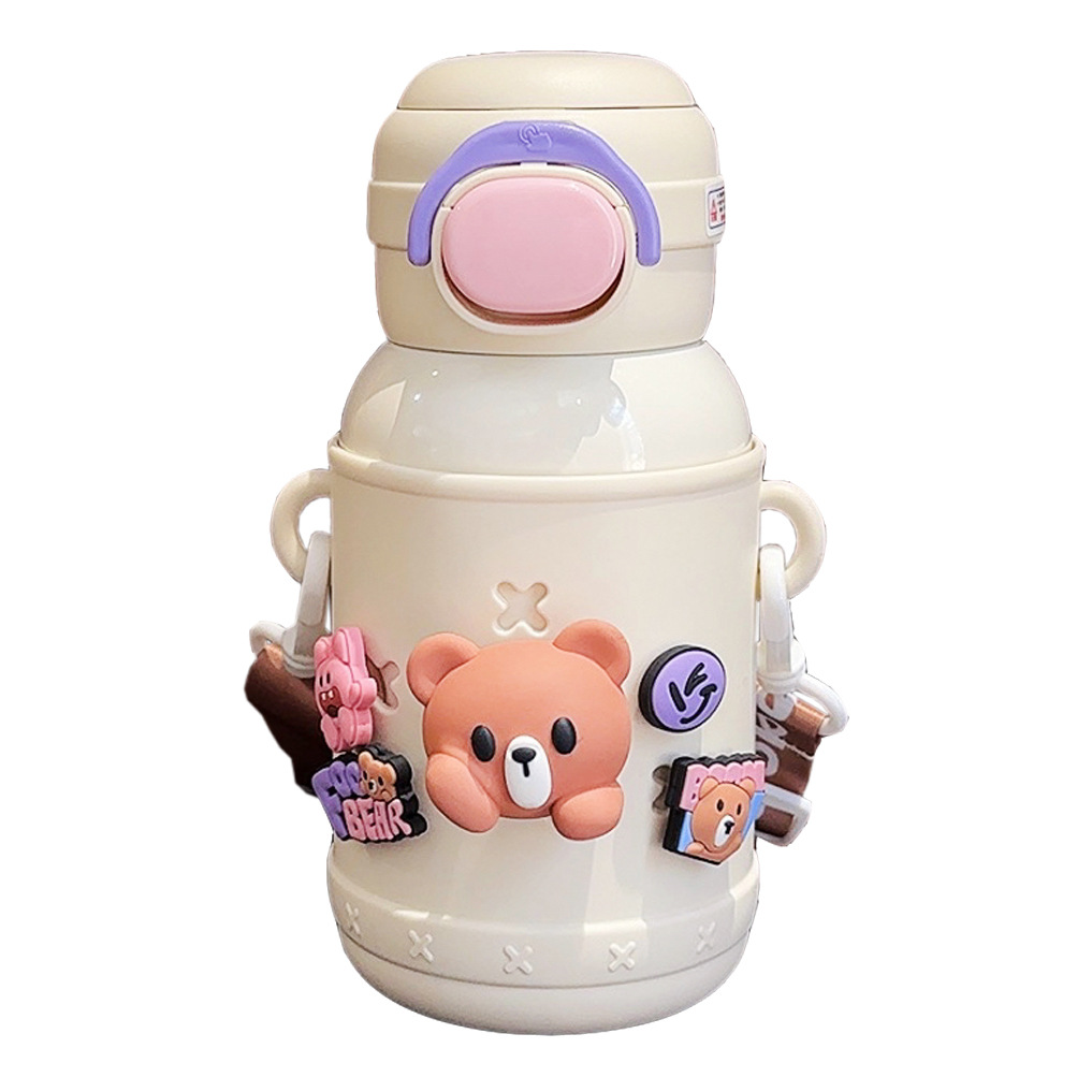 New 316 stainless steel children's water cup, cute bear double-drinking straw cup, portable baby and kindergarten insulated cup Item Picture