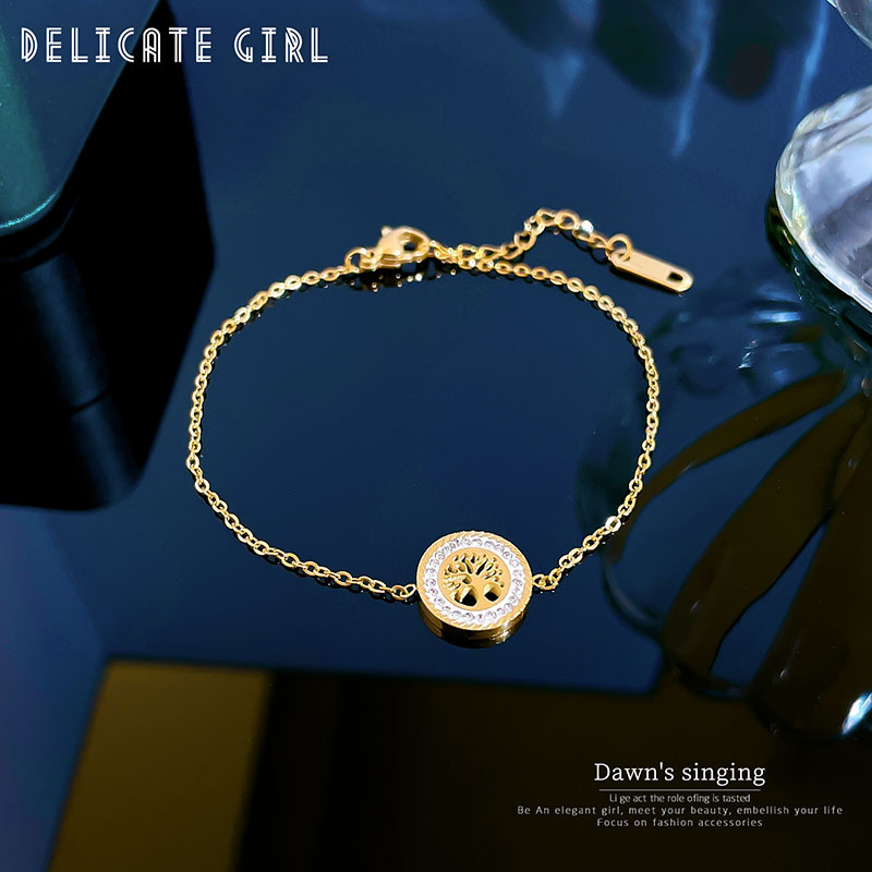 【 All-titanium Steel 】 Dongdaemun Personalized round plate Life Tree Full Diamond chain bracelet Female Internet celebrity retro best friend details Picture