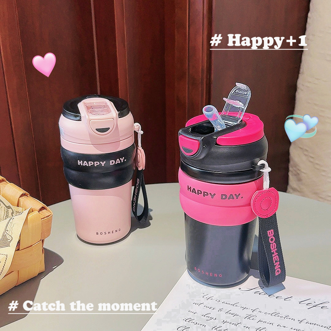 New girls' Blue Mountain coffee cup, simple and popular thermos cup, double-drinking with straw, fashionable water cup gift for men and women Specification drawing