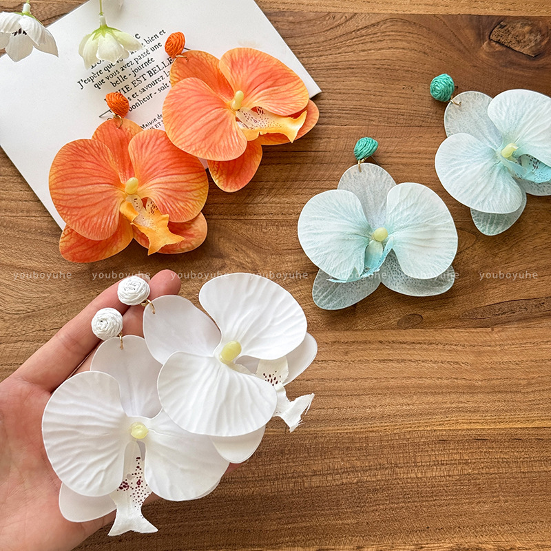 Scorching sun! Summer seaside travel photos, huge photos, Phalaenopsis flower stud earrings, exaggerated and personalized earrings for women details Picture