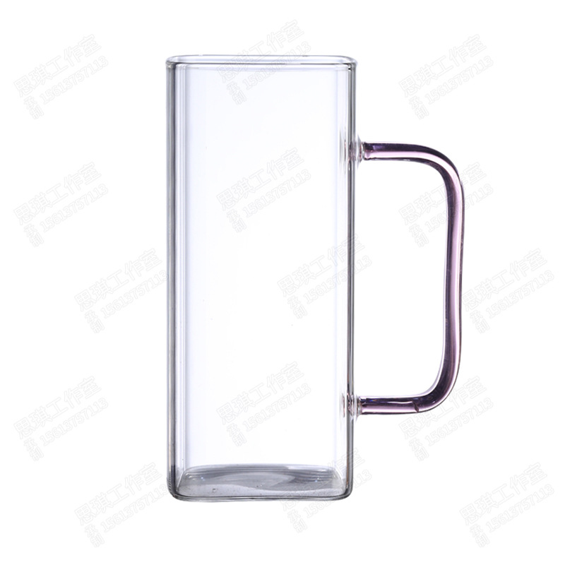 Square glass cups with colorful handles, milk and juice cups, transparent and simple household cups, high borosilicate glass water cups Item Picture