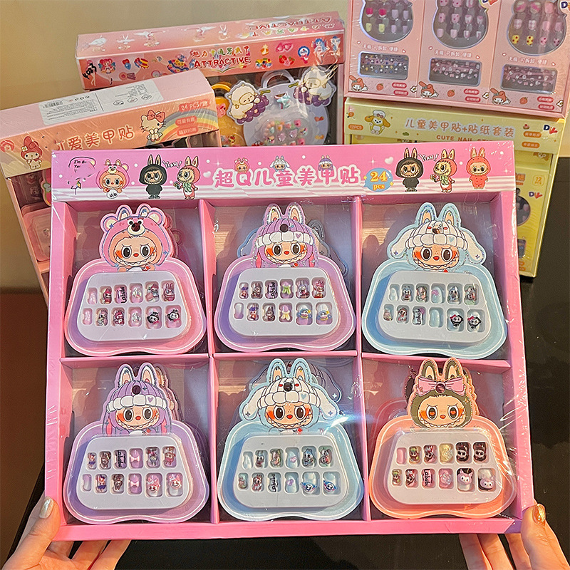 Children's cartoon wearable nail set with three-dimensional relief and cute nail pieces, including tweezers, relief stickers and nail art wholesale full figure