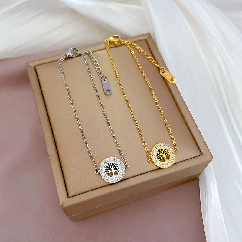 【 All-titanium Steel 】 Dongdaemun Personalized round plate Life Tree Full Diamond chain bracelet Female Internet celebrity retro best friend full figure