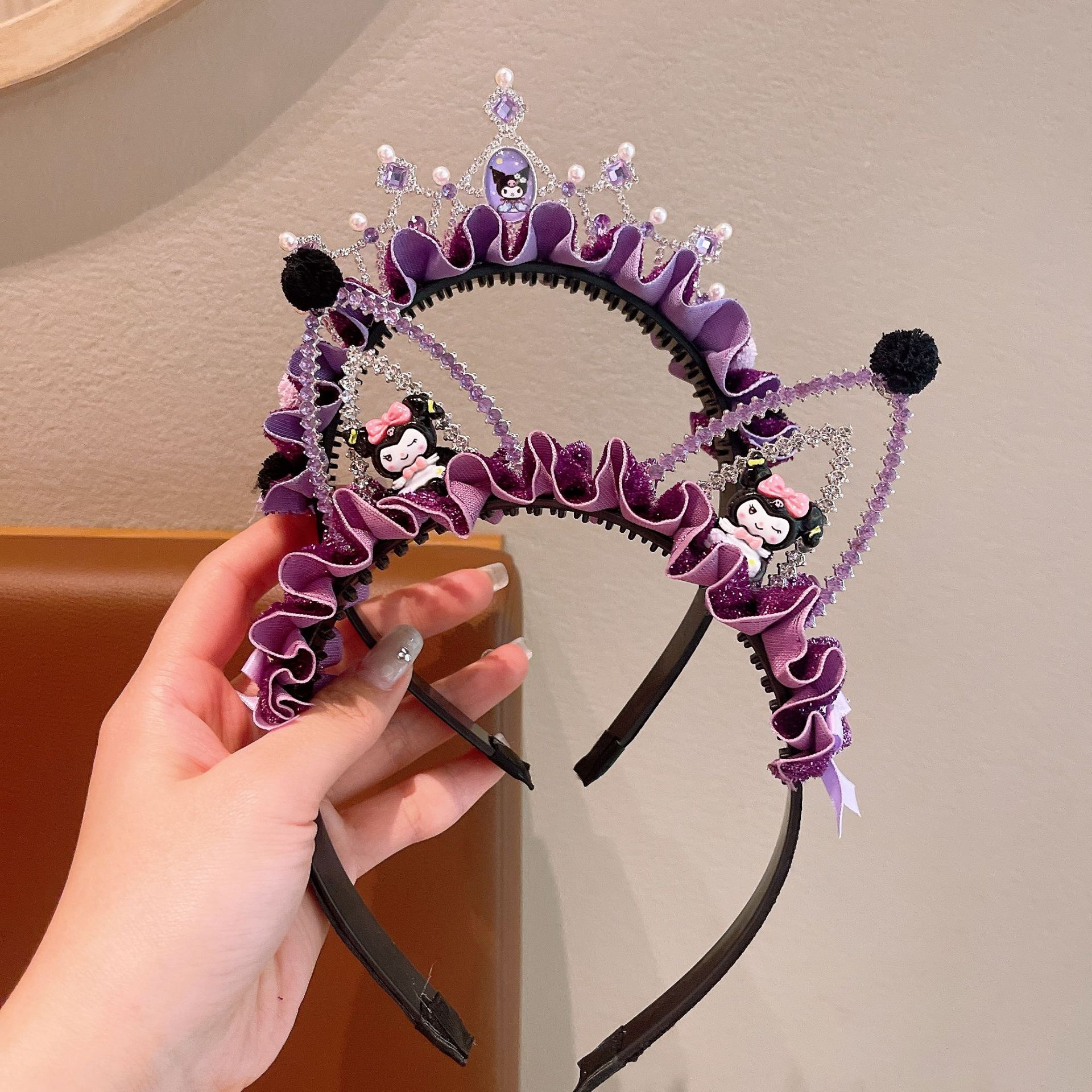 Kuromi Children's hair band Cartoon crown headwear Elsa Princess headband Purple mesh Little Girl hair accessory Specification drawing