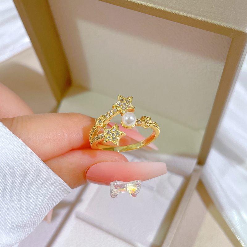 【 Real gold electroplating 】 Open star pearl fashionable slightly inlaid light luxury ring index finger ring, the same style as Internet celebrities, cold style details Picture