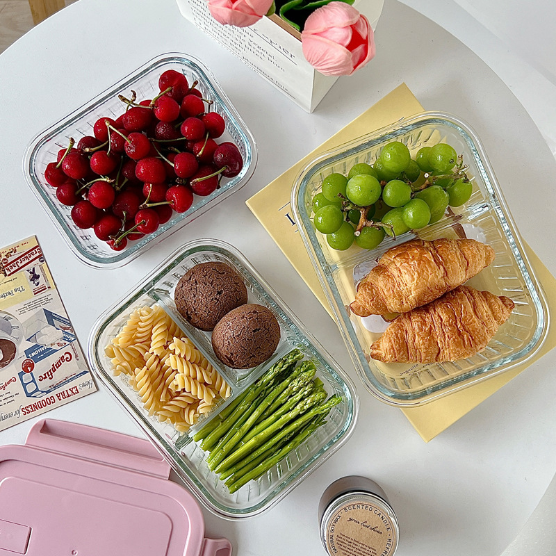 Wholesale of Bolimei vertical pattern high borosilicate glass lunch boxes, microwave oven divider rice bento boxes, fresh-keeping bowls with meals Specification drawing