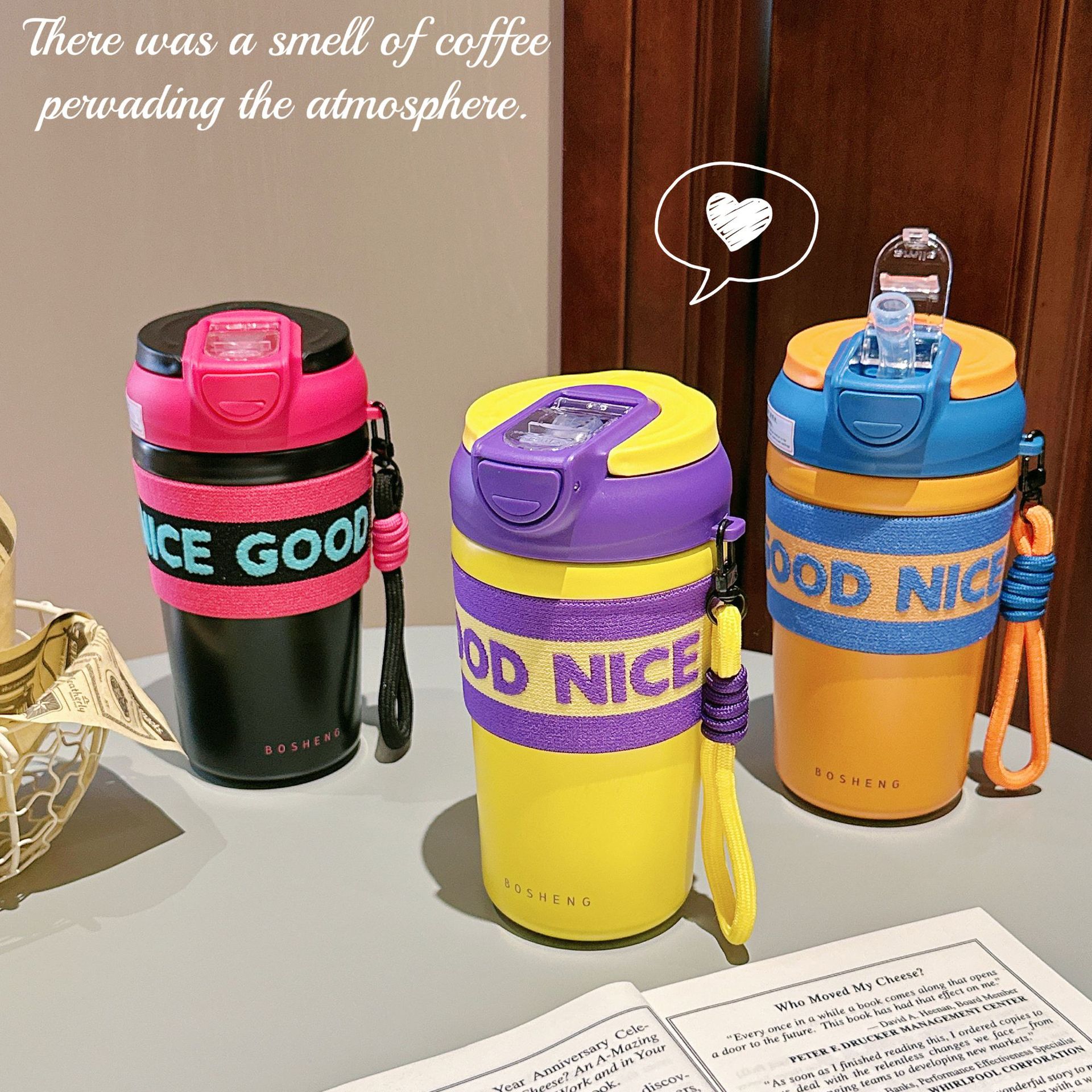 Fashionable new double-drink coffee cup, office essential straw water cup, portable leak-proof, high appearance level stainless steel insulated cup full figure