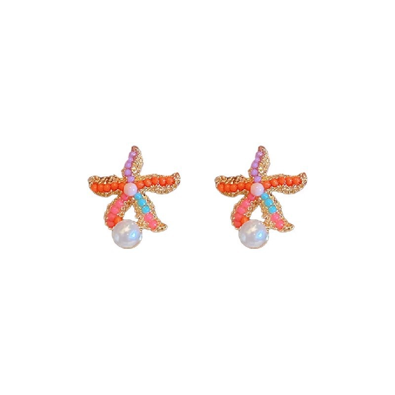 Summer coral, colorful starfish, pearl stud earrings, sweet girl's seaside vacation earrings, unique and niche earrings for women Item Picture