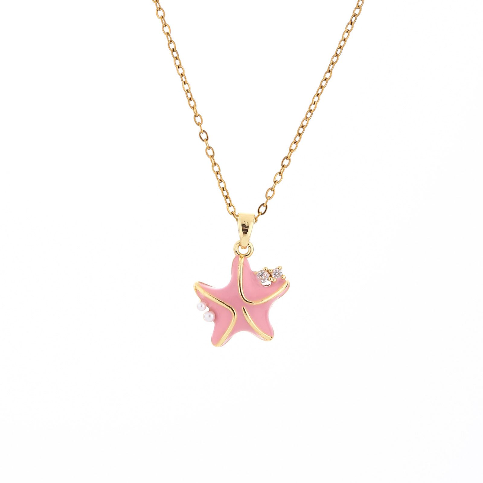 Cross-border best-selling summer beach-style stainless steel necklace, copper micro-inlay shell starfish necklace, ocean vacation collarbone chain Item Picture