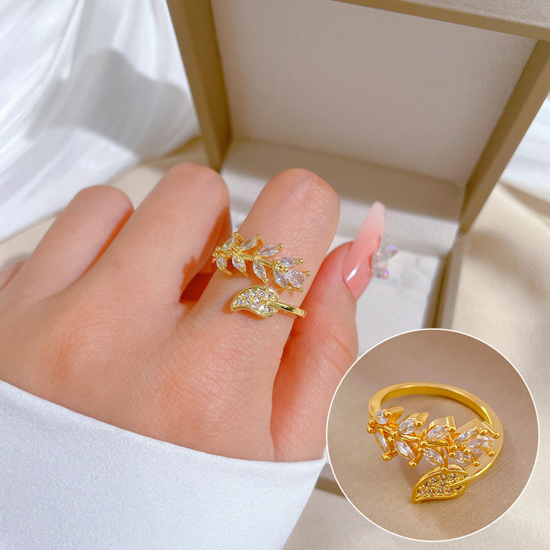 【 Real Gold electroplating 】 Open leaf zircon fashionable slightly inlaid light luxury ring index finger ring, the same style as the Internet celebrity, cold style full figure