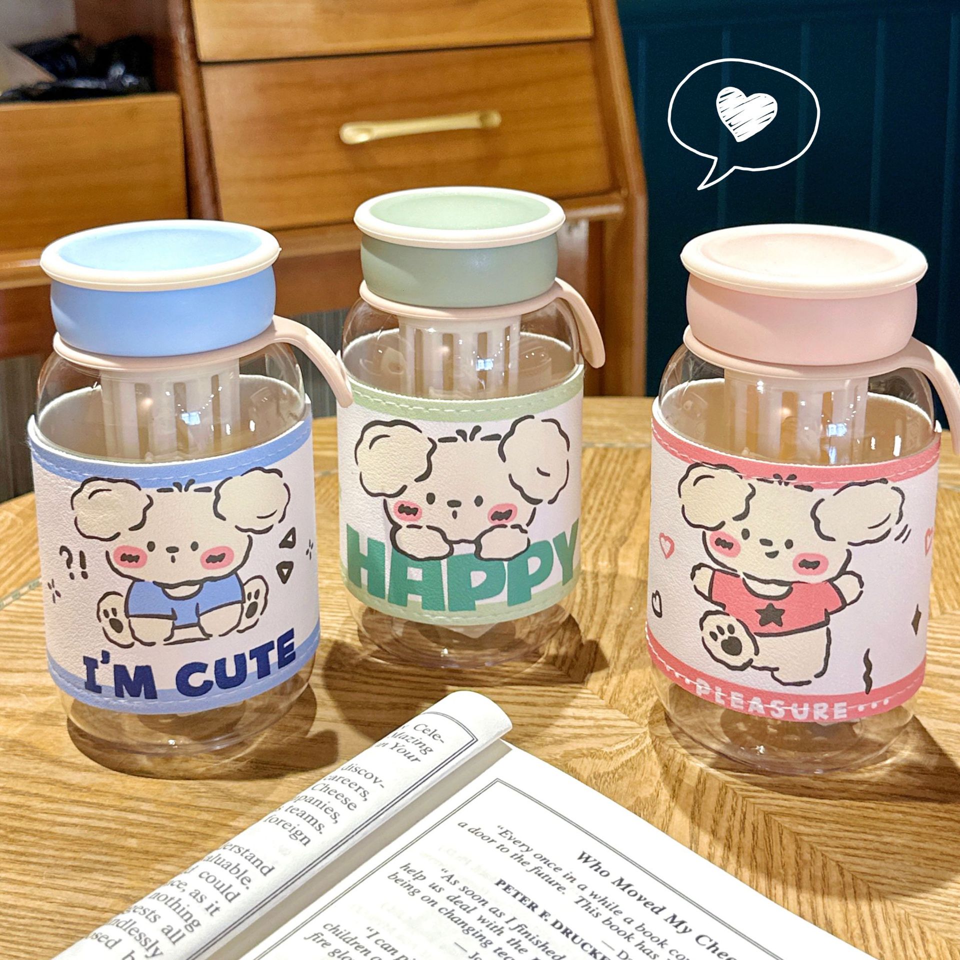 Cute flower tea cups with leather cases, small plastic cups for girls, anti-scald for students, summer direct drinking tea cups wholesale full figure