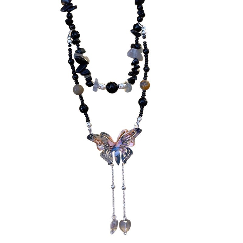 New Chinese-style butterfly pendant, beaded double-layer necklace, long women's retro ethnic style accessory, high-end collarbone chain with Chinese style Item Picture