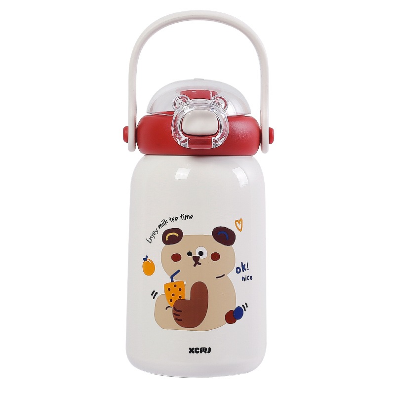 Cute new children's insulated cup, high appearance level student portable hand-held water cup, 316 stainless steel double-drinking straw cup Item Picture