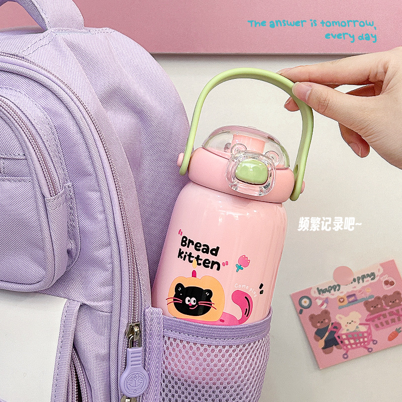 Cute new children's insulated cup, high appearance level, student portable hand-held water cup, stainless steel double-drinking water straw cup Application Scenario