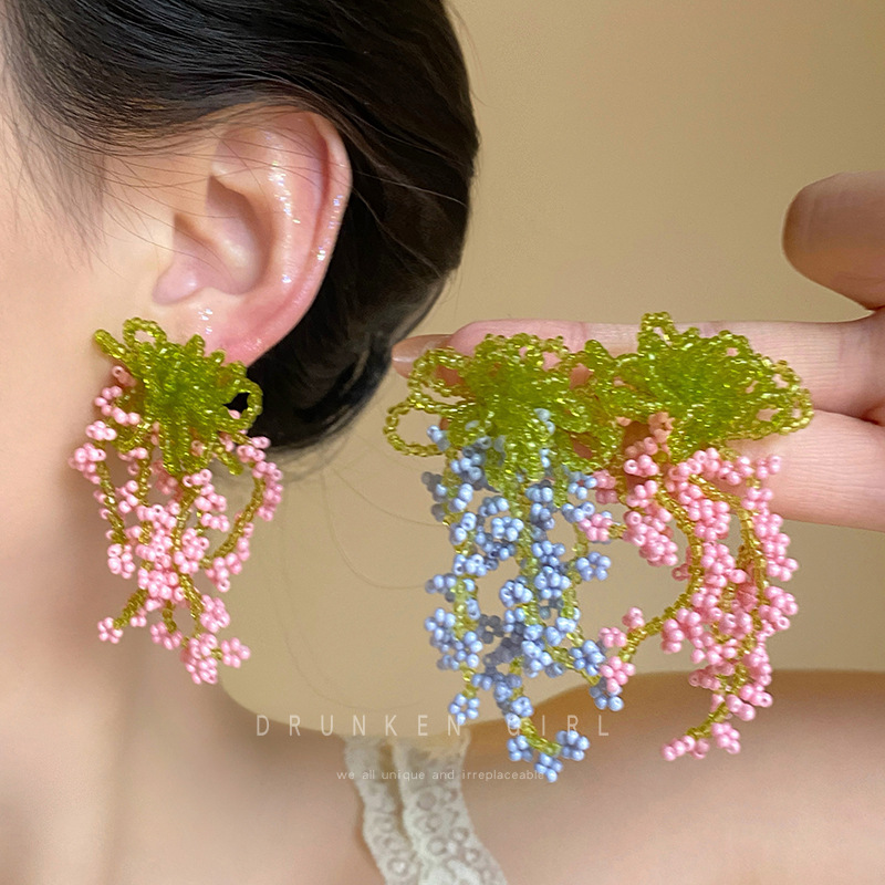 Summer vine handcrafted beaded tassel flower earrings, gentle and ladylike country style girl earrings, vacation style stud earrings details Picture