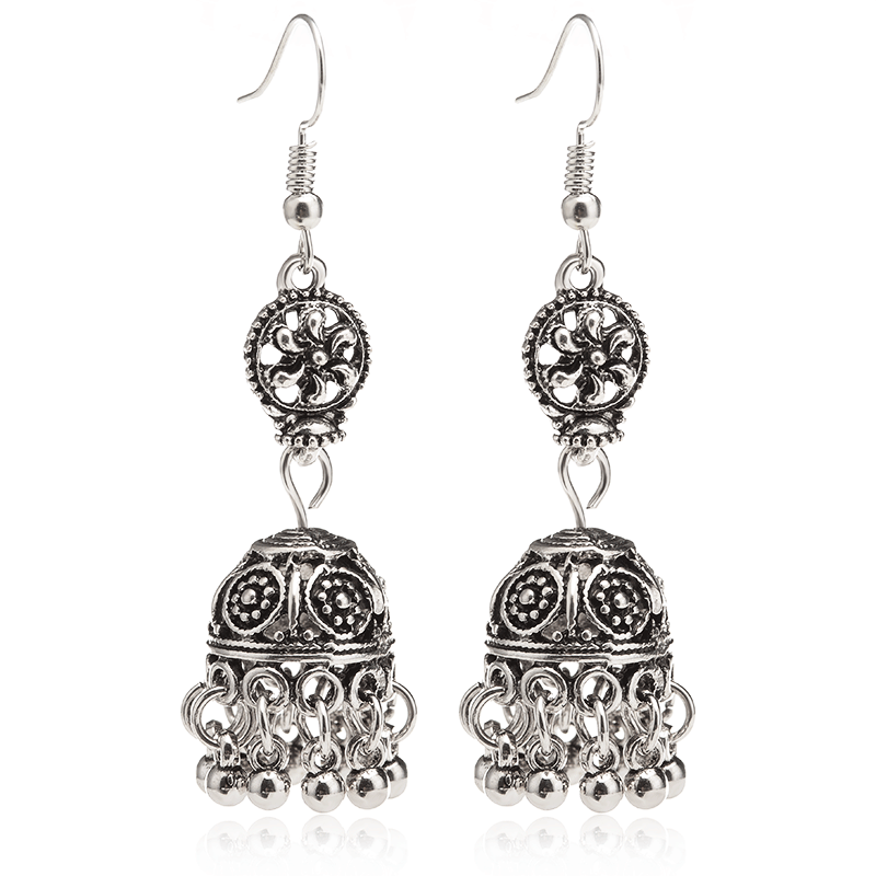 Popular earrings in tourist attractions: European and American retro ethnic style Baroque hollowed-out carved bell tassel earrings Item Picture