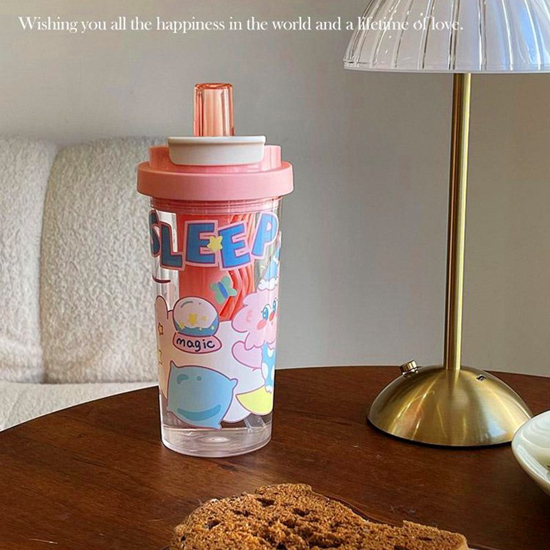 Cartoon high appearance level double-drinking straw cup, tea brewing with filter, girls' water cup, office gift, cute plastic cup for students Specification drawing