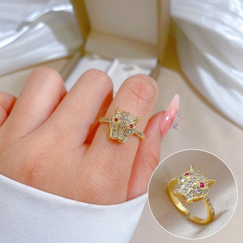 【 Real Gold 】 Full diamond leopard head zircon ring with adjustable opening, simple Japanese-style bracelet, couple rings full figure