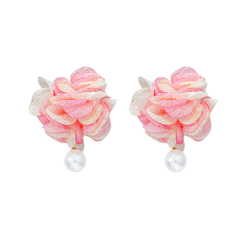 Super ethereal dopamine pink mesh flower earrings for women, summer seaside vacation style pearl earrings, exaggerated earrings Item Picture