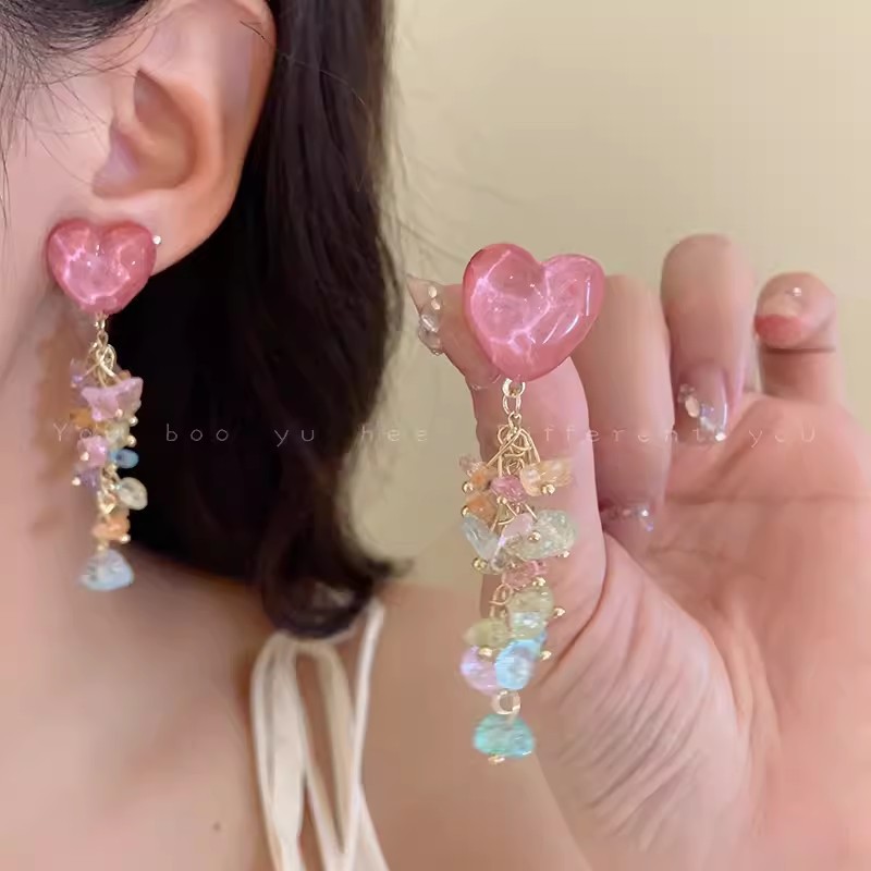 Summer colorful heart-shaped crystal tassel earrings for women, 2024 new bestsellers, high-end ear studs and earrings wholesale Specification drawing