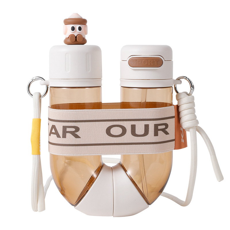 Creative and aesthetically pleasing tritan water bottle, double-drinking simple couple water cups, plastic cartoon dolls, student and children's straws Item Picture