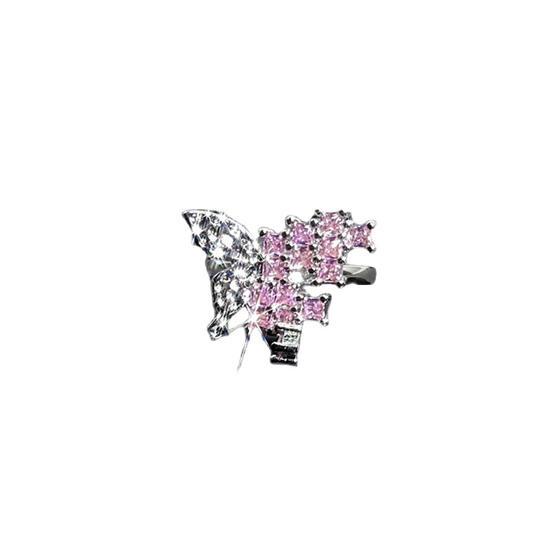 Sweet and cool, light luxury, pleated butterfly pink diamond open ring, women's fashion, niche design sense, trendy and individual, internet-famous ring Item Picture
