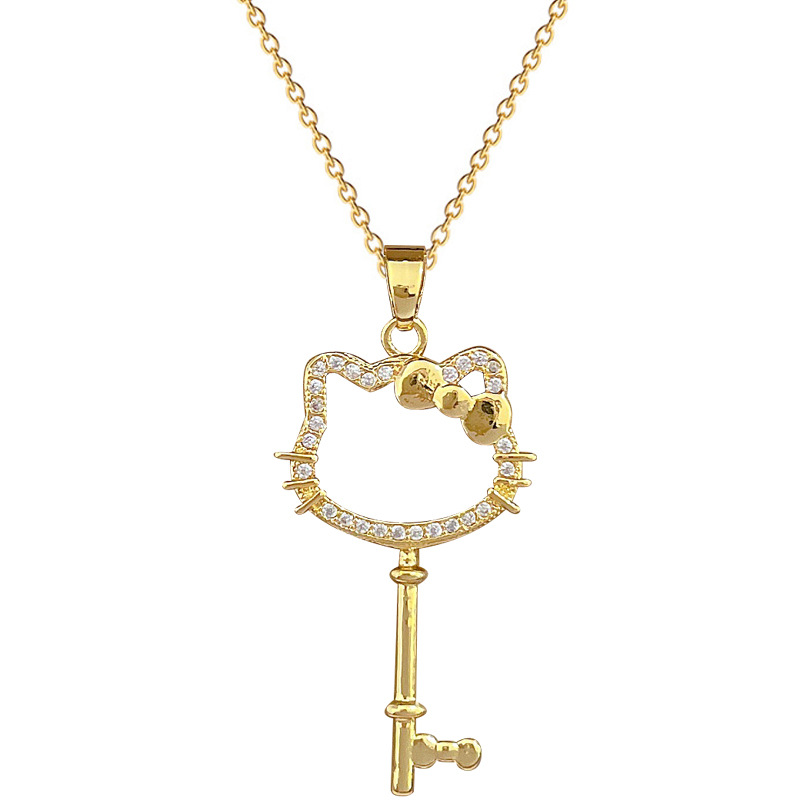 【 Titanium Steel 】 Cat bow key, elegant and luxurious, full diamond necklace, versatile collarbone chain, titanium steel chain Item Picture