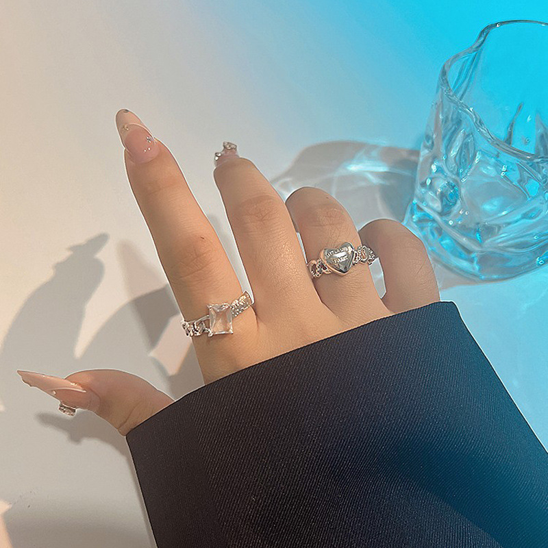 Cold style heart-shaped plain ring square zircon open ring for women's Instagram niche design simple and individual style ring full figure