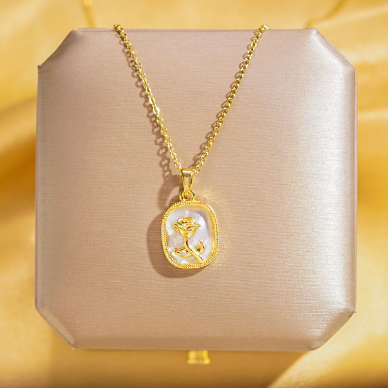 A genuine gold electroplated rose titanium steel necklace for women, set with natural shell zircon pendant, a versatile and stylish accessory for Internet celebrities full figure