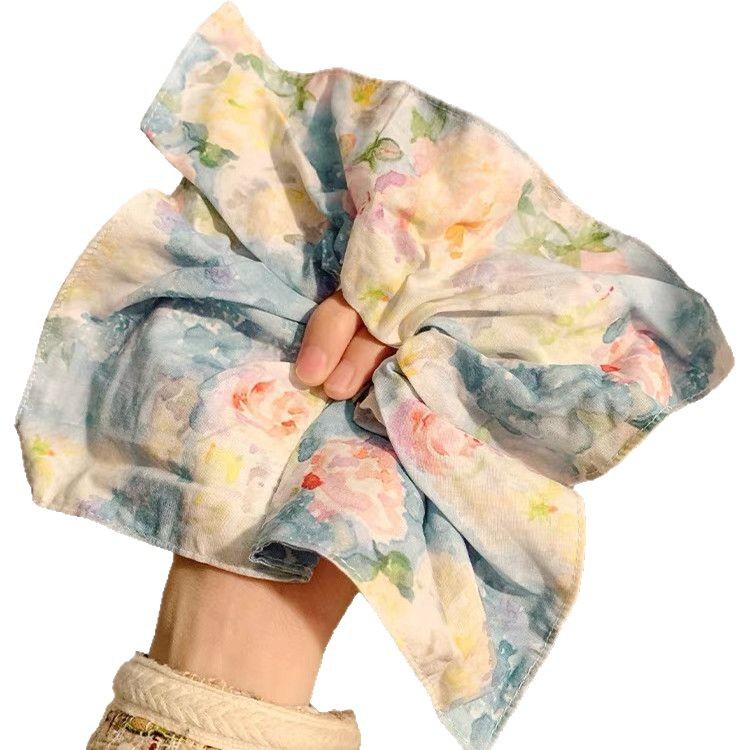 Dreamy Garden ~ Oil Painting style floral square scarf, large intestine hair band, women's stunning square hair accessory, square hair tie Item Picture