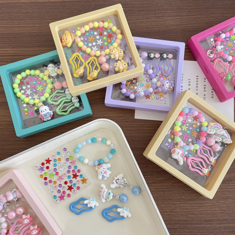 Creative children's bracelet earrings, cute cartoon hairpins, gemstone stickers set, little girl festival gift details Picture