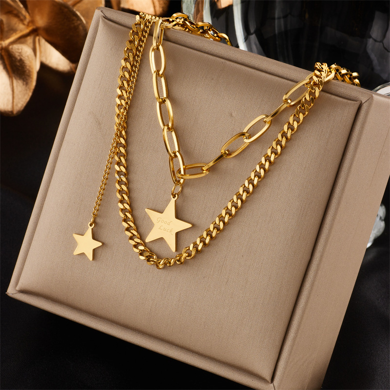 European and American ins double-layer five-pointed star pendant titanium steel, non-fading, unique and unique style, versatile accessory collarbone necklace full figure