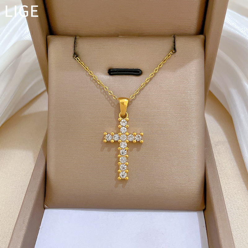 【 All-titanium Steel 】 Light luxury zircon cross furnace with real gold necklace, female Instagram influencer collarbone chain accessory Specification drawing