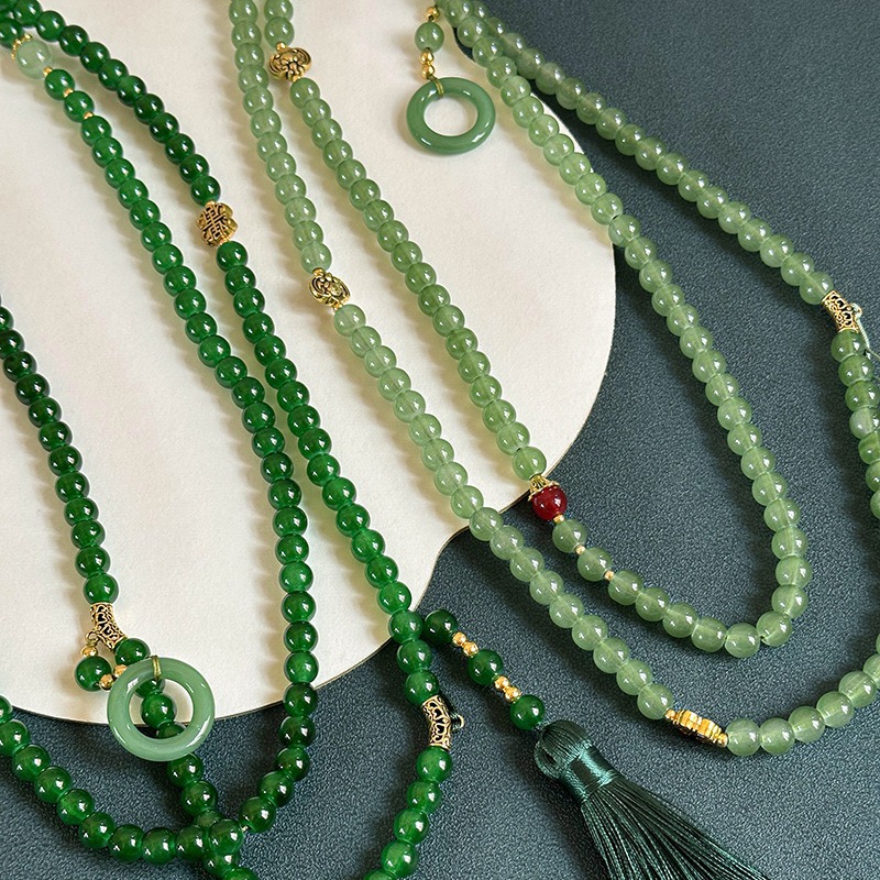 A 108-piece green beaded tassel necklace with a new Chinese style, a long crossbody chain sweater chain accessory Application Scenario