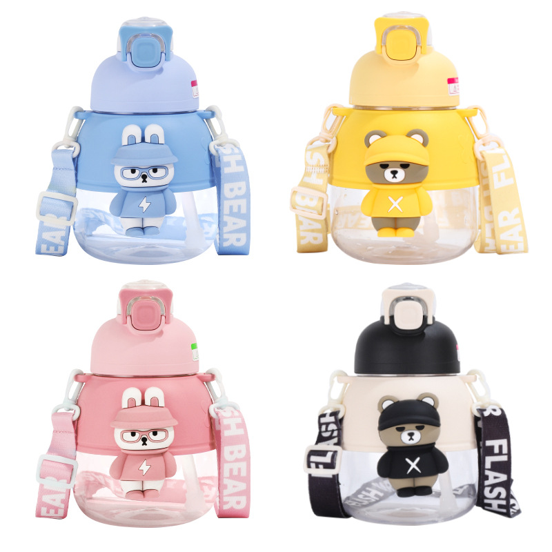 Summer high appearance level student water cup, large-capacity sports water bottle, popular straw, big-bellied cup, cartoon plastic cup customization Item Picture