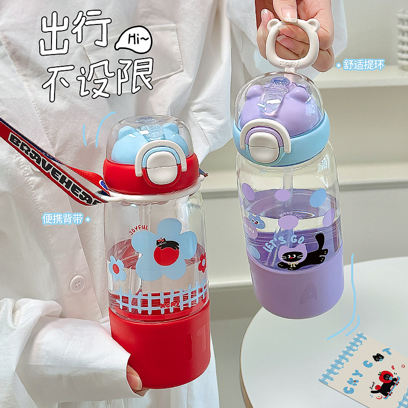 High appearance level children's water cup, cute and portable, three-drink plastic cup, large-capacity outdoor school special cup Specification drawing