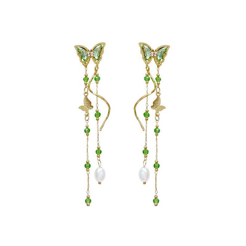 Super ethereal and slimming long butterfly earrings, fashionable and fresh green crystal tassel earrings, sweet and versatile earrings for women Item Picture