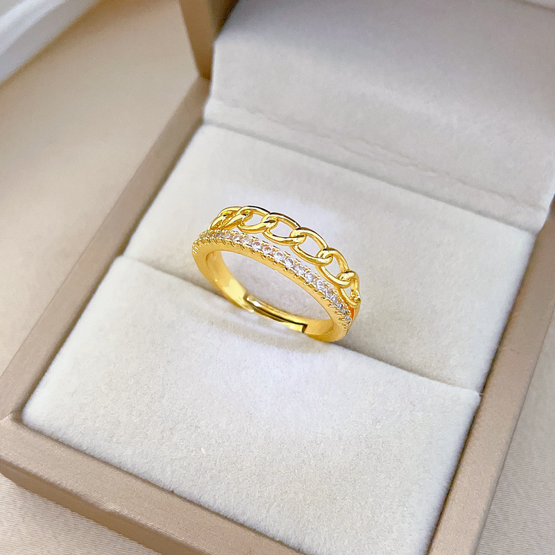 【 Real gold electroplating 】 Open chain, women's fashion, slightly inlaid, light luxury ring, index finger ring, the same style as Internet celebrities, cold style Specification drawing