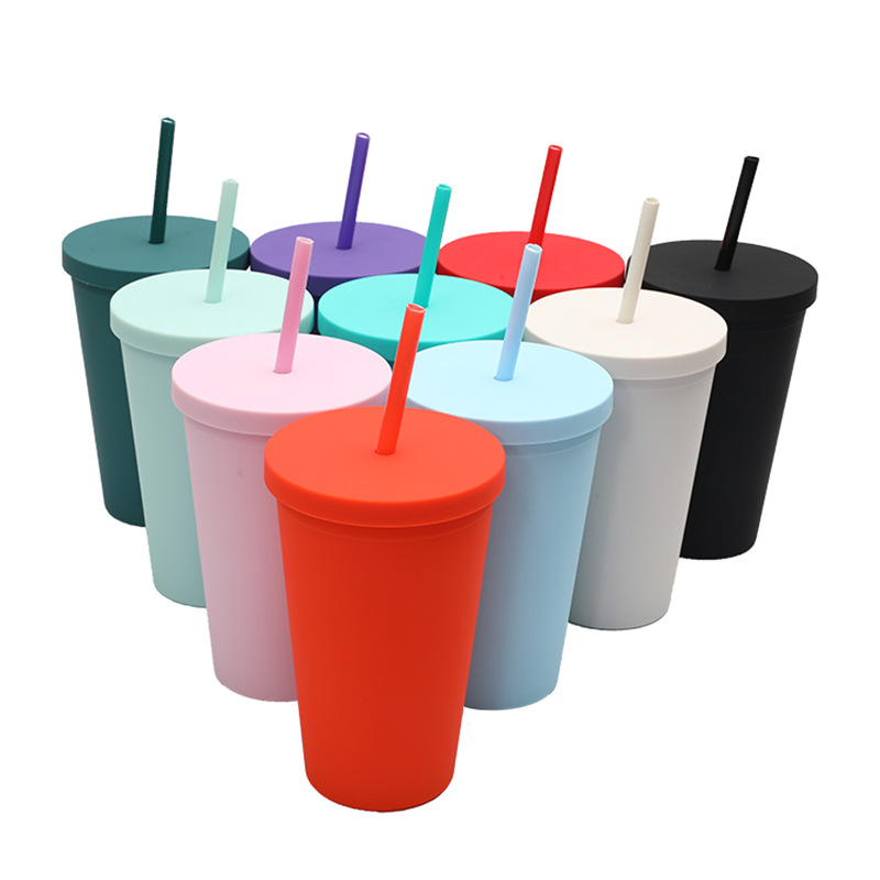 Amazon's new modern and simple flat-lid water cup, a popular matte cartoon portable 16oz double-layer straw cup details Picture
