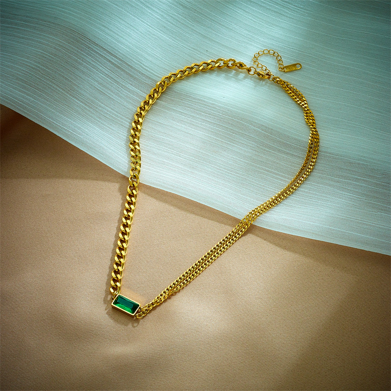 European and American fashion, niche, high-end, light luxury, versatile, retro and cold style, square green diamond irregular chain titanium steel necklace details Picture