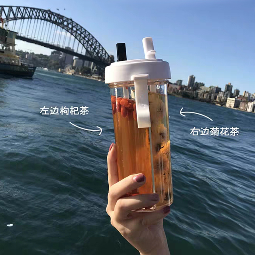 The Korean version of the popular double-drinking cup is a creative couple's shared double-straw plastic portable anti-drop thickened portable cup details Picture