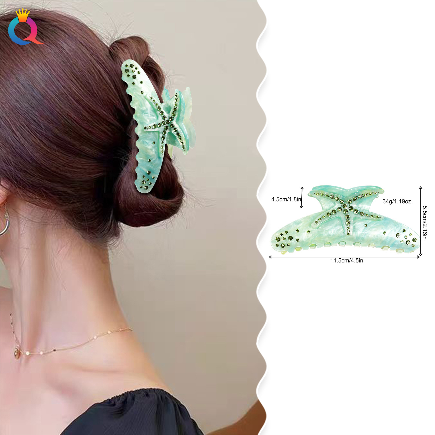 Qiyue Original acetic acid diamond-encruted starfish hairpin, fashionable and colorful large updo hairpin, three-dimensional and elegant shark clip Specification drawing