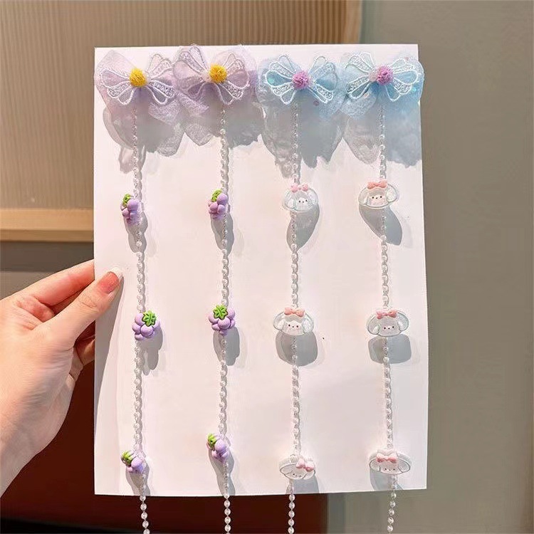 Children's pearl braided hair chain, bow hair clip, super fairy-like cartoon tassel pair clip for girls, princess hair accessory for girls Specification drawing