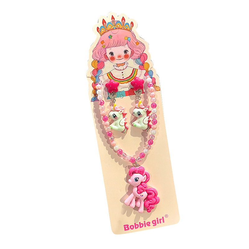 Cute cartoon colorful pony beaded necklace for children, princess pendant for girls, ear clips, birthday gift jewelry for babies Item Picture