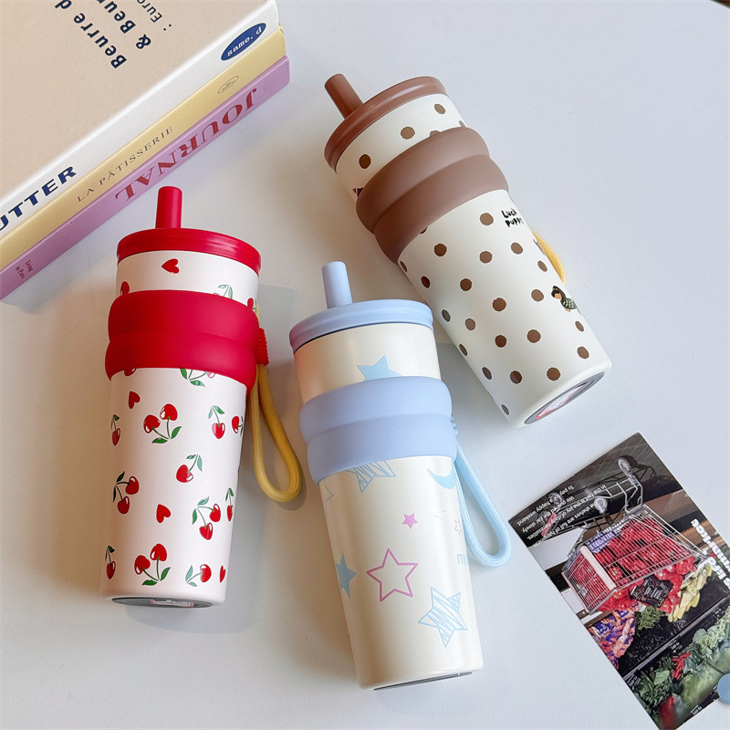 Cute cartoon illustration drawstring straw cup, stainless steel student insulated cup for office drinking, 680ml cold preservation cup details Picture