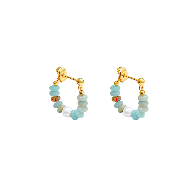 Dopamine-colored Shoushan stone earrings for women, a light luxury, niche and high-end look. A pair of beaded stud earrings with a touch of elegance Item Picture